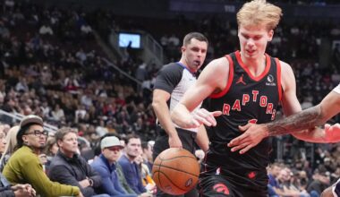 Nov 21, 2025; Toronto, Ontario, CAN; Gradey Dick (1) of the Toronto Raptors dribbles against Justin Champagnie (9) of the Washington Wizards during the second half at Scotiabank Arena. Mandatory Credit: Kevin Sousa-Imagn Images