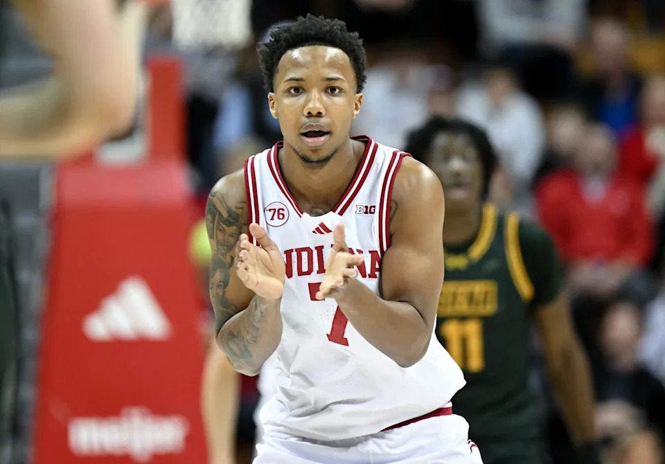 Dec 22, 2025; Bloomington, Indiana, USA; Indiana Hoosiers forward Nick Dorn (7) celebrates after a play during the first half against the Siena Saints at Simon Skjodt Assembly Hall. Mandatory Credit: Robert Goddin-Imagn Images