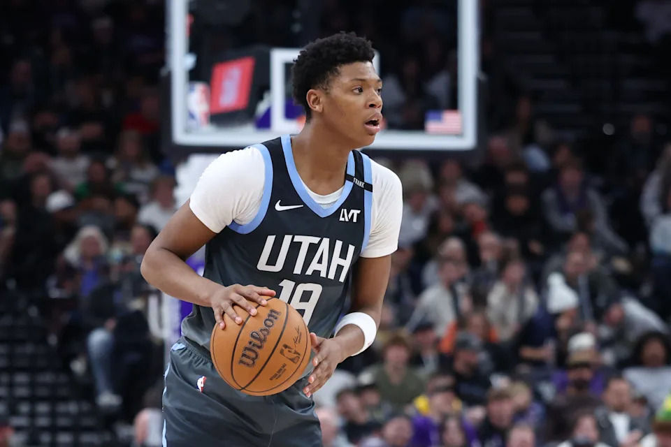 Dec 7, 2025; Salt Lake City, Utah, USA; Utah Jazz guard Ace Bailey (19) looks for the play against the Oklahoma City Thunder during the second half at Delta Center. Mandatory Credit: Rob Gray-Imagn Images