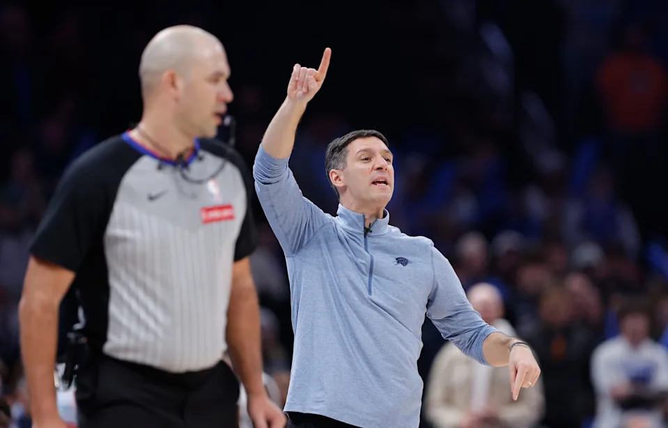 Dec 5, 2025; Oklahoma City, Oklahoma, USA; Oklahoma City Thunder head coach Mark Daigneault gestures to his team during a play against the Dallas Mavericks during the second half at Paycom Center. Mandatory Credit: Alonzo Adams-Imagn Images
