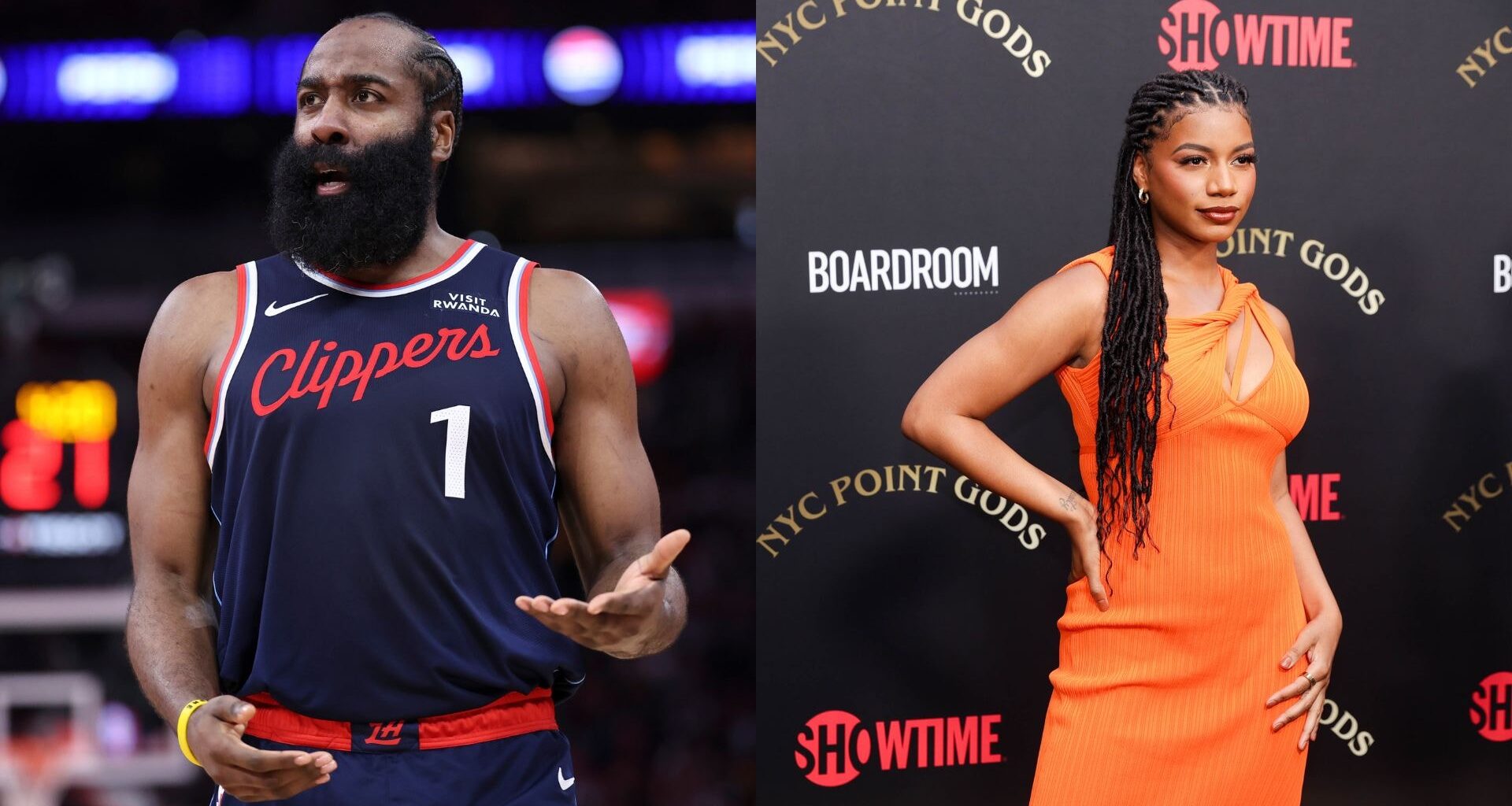 Los Angeles Lakers forward Lebron James (23) and LA Clippers guard James Harden (1) react in the first half at Intuit Dome.