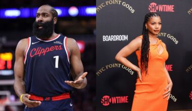 Los Angeles Lakers forward Lebron James (23) and LA Clippers guard James Harden (1) react in the first half at Intuit Dome.