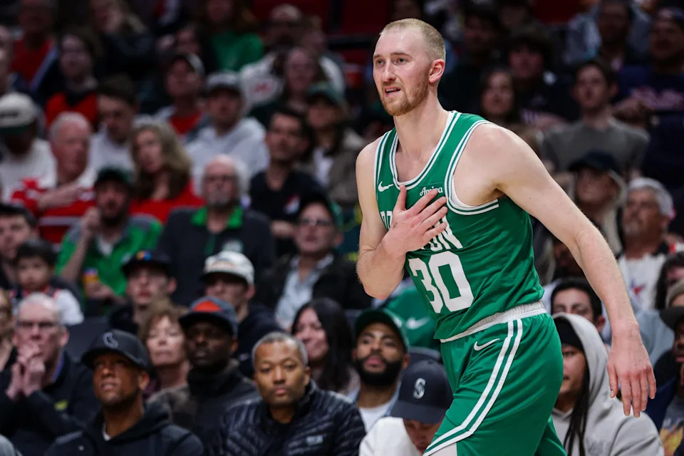 PORTLAND, OREGON - MARCH 23: Sam Hauser #30 of the Boston Celtics reacts after a shot during the fourth quarter of a game against the Portland Trail Blazers at the Moda Center on March 23, 2025 in Portland, Oregon. NOTE TO USER: User expressly acknowledges and agrees that, by downloading and or using this photograph, User is consenting to the terms and conditions of the Getty Images License Agreement. (Photo by Rio Giancarlo/Getty Images)