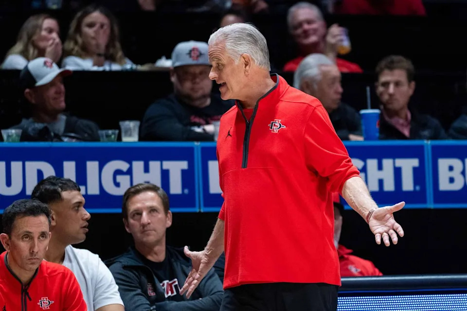 San Diego State Head Coach Brian Dutcher yells during an NCAA Basketball game between Lamar and San Diego State, Wednesday December 10, 2025 at Viejas Arena in San Diego, Calif.
