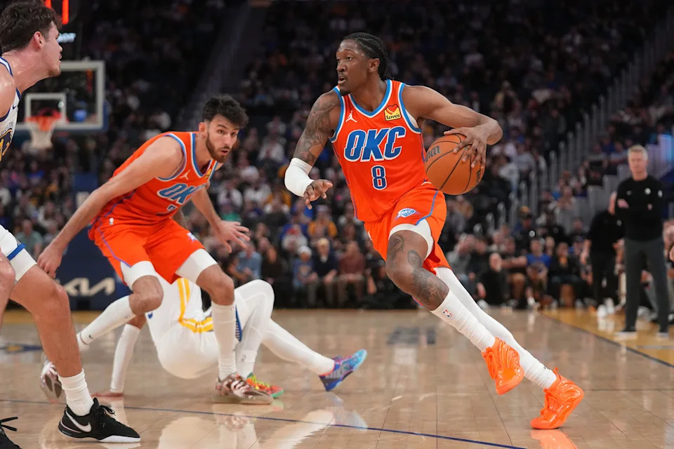 Dec 2, 2025; San Francisco, California, USA; Oklahoma City Thunder guard Jalen Williams (8) dribbles the ball against the Golden State Warriors in the fourth quarter at the Chase Center. Mandatory Credit: Cary Edmondson-Imagn Images