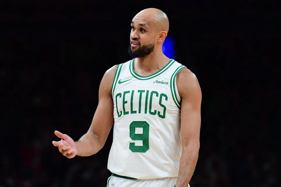 Dec 22, 2025; Boston, Massachusetts, USA; Boston Celtics guard Derrick White (9) reacts towards the official during the second half against the Indiana Pacers at TD Garden. Mandatory Credit: Bob DeChiara-Imagn Images