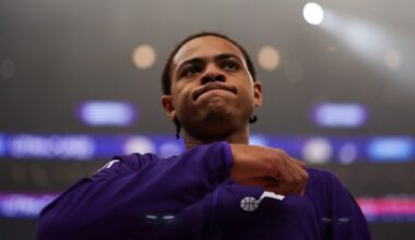 Utah Jazz guard Keyonte George (3) looks on before an NBA game against the Houston Rockets...