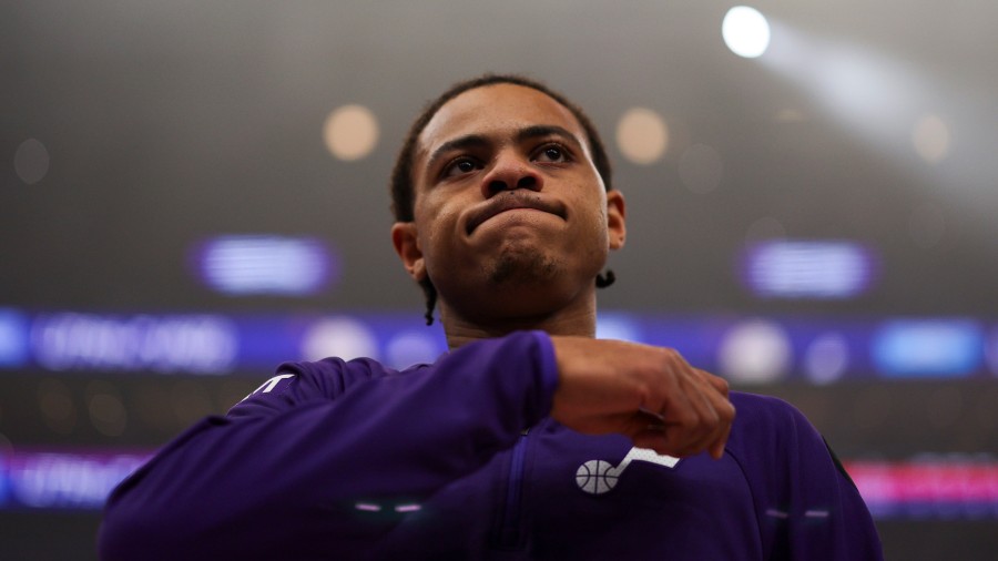 Utah Jazz guard Keyonte George (3) looks on before an NBA game against the Houston Rockets...