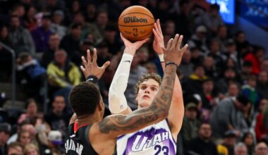 Utah Jazz forward Lauri Markkanen (23) shoots a three pointer over Houston Rockets forward Jabari S...