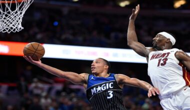 Orlando Magic guard Desmond Bane (3) goes up to shoot as Miami Heat center Bam Adebayo (13) defends during the second half of an NBA Cup basketball game, Tuesday, Dec. 9, 2025, in Orlando, Fla. (AP Photo/Phelan M. Ebenhack)