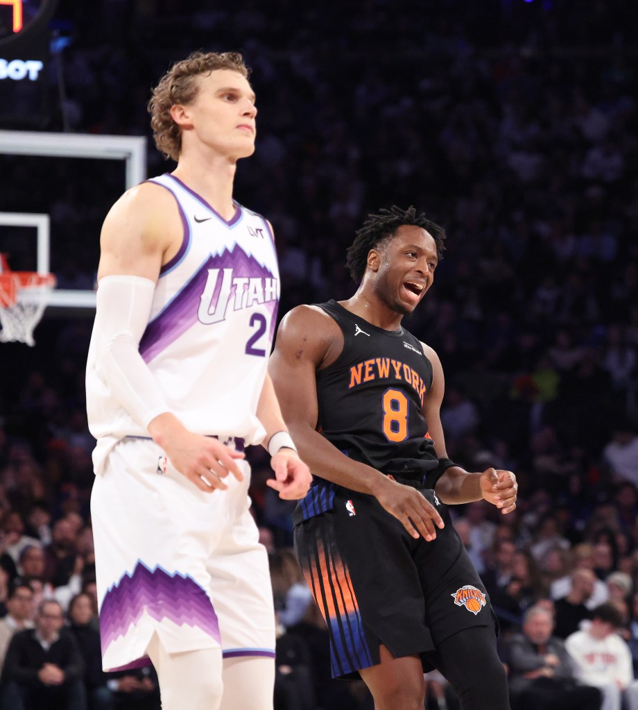 New York Knicks forward OG Anunoby #8 reacts after he puts up a three-point shot during the second quarter.