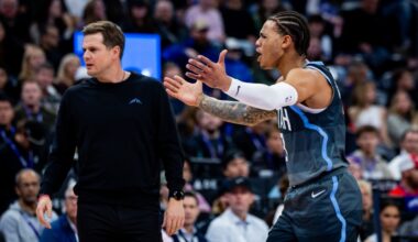 Utah Jazz guard Keyonte George (3) and Utah Jazz head coach Will Hardy yell at a referee during an ...