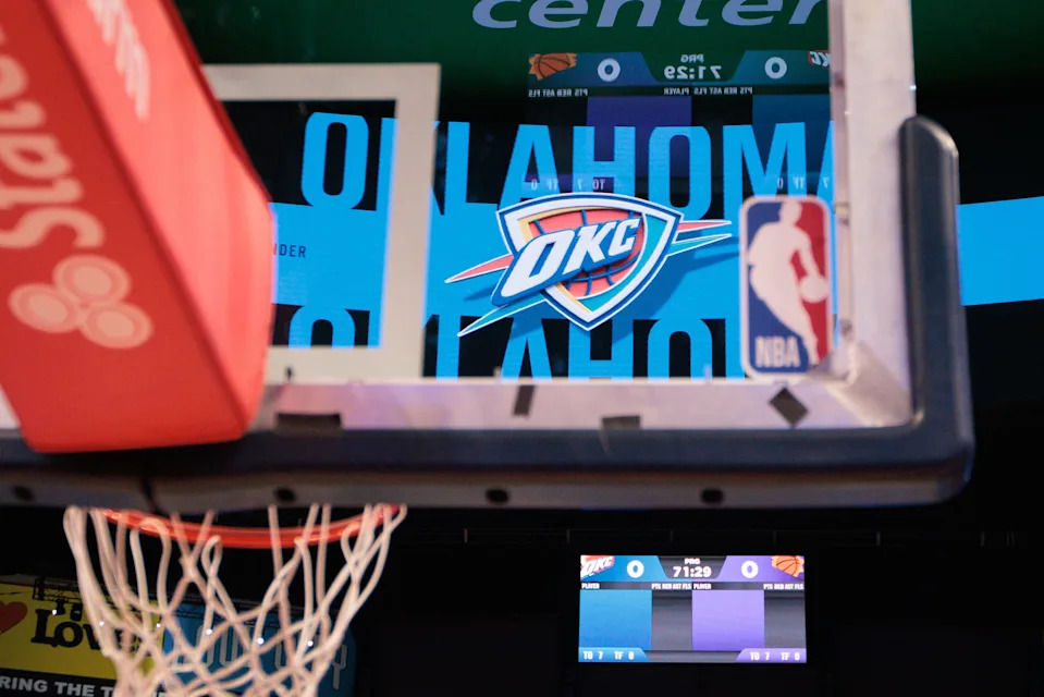 OKLAHOMA CITY, OKLAHOMA - DECEMBER 10: View of the logo through a backboard prior to the Emirates NBA Cup - Quarterfinals game between the Phoenix Suns and the Oklahoma City Thunder at Paycom Center on December 10, 2025 in Oklahoma City, Oklahoma. NOTE TO USER: User expressly acknowledges and agrees that, by downloading and or using this photograph, User is consenting to the terms and conditions of the Getty Images License Agreement. (Photo by William Purnell/Getty Images)
