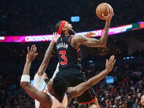 Toronto Raptors' Brandon Ingram drives to the net against the New York Knicks.