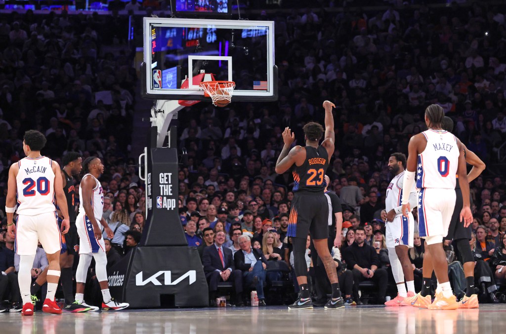 New York Knicks center Mitchell Robinson #23 hits a foul shot during the second quarter.