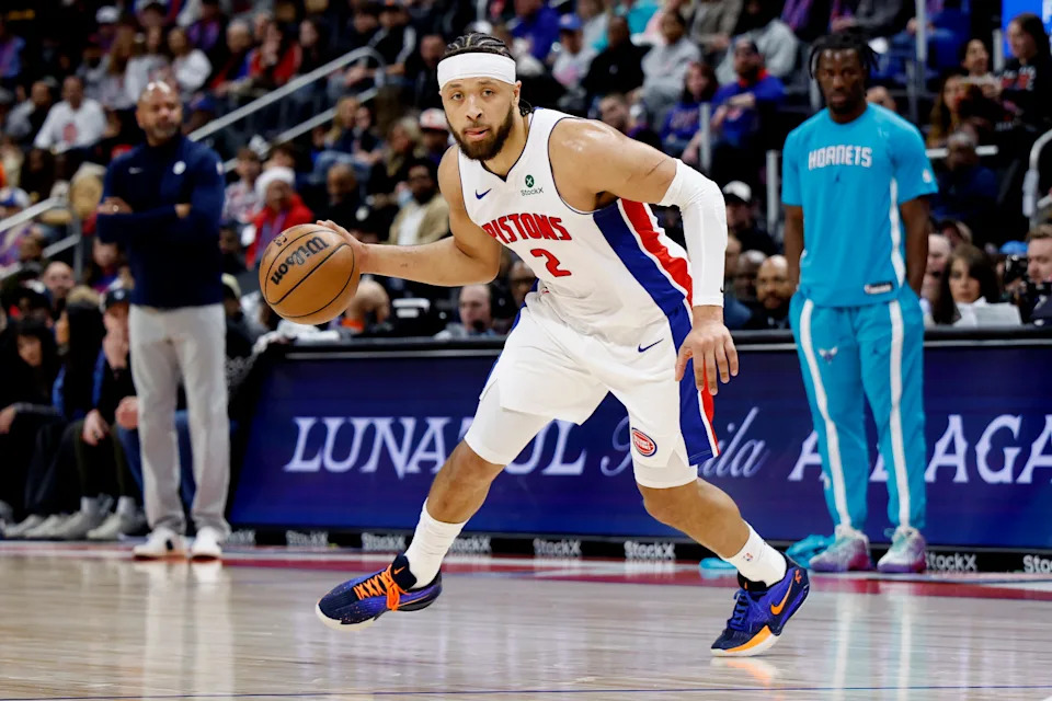 Detroit Pistons guard Cade Cunningham (2) dribbles in the first half against the Charlotte Hornets at Little Caesars Arena in Detroit on Saturday, Dec. 20, 2025.