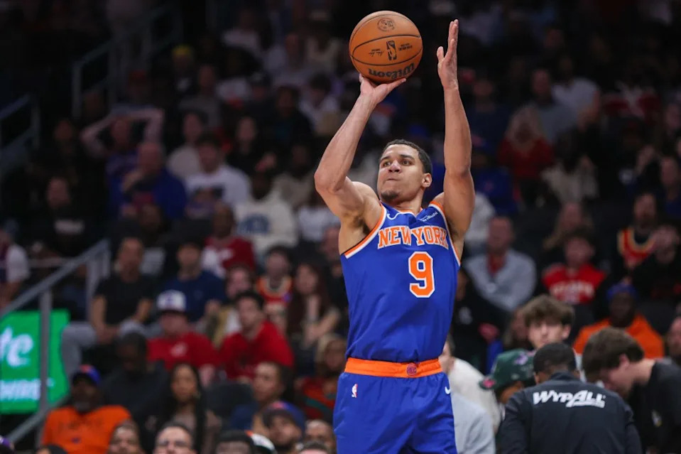 Knicks guard Kevin McCullar Jr. (9) shoots against the Atlanta Hawks in the second quarter at State Farm Arena. IMAGN IMAGES via Reuters Connect