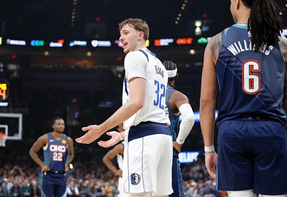 Dec 5, 2025; Oklahoma City, Oklahoma, USA; Dallas Mavericks forward Cooper Flagg (32) reacts after a play against the Oklahoma City Thunder during the second quarter at Paycom Center. Mandatory Credit: Alonzo Adams-Imagn Images