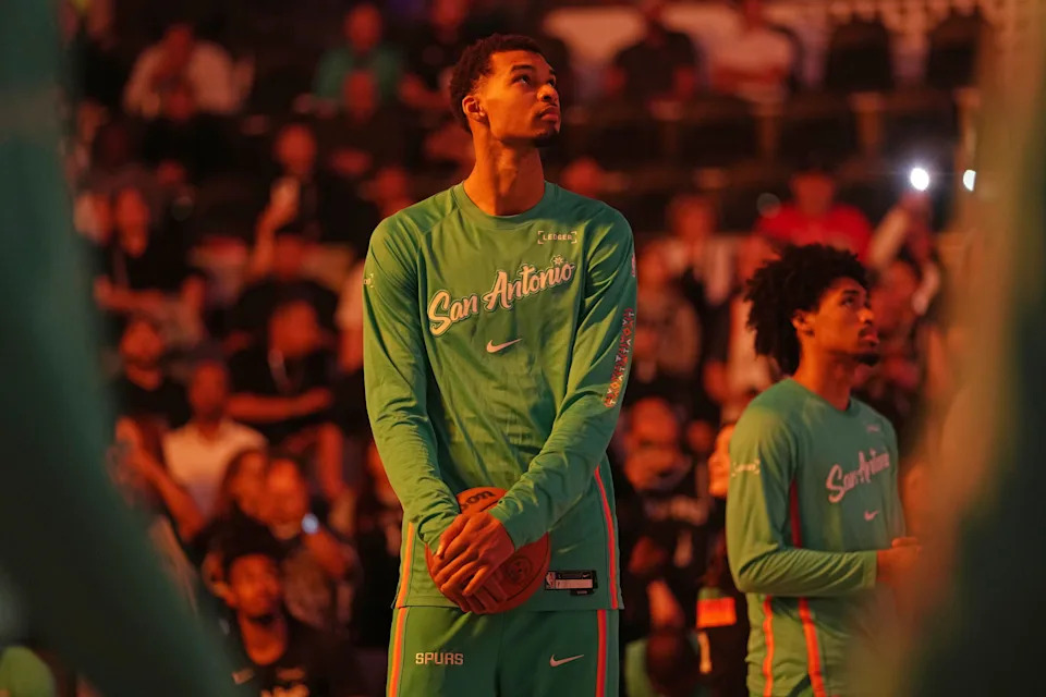 Dec 23, 2025; San Antonio, Texas, USA; San Antonio Spurs forward Victor Wembanyama (1) before a game against the Oklahoma City Thunder at Frost Bank Center. Mandatory Credit: Scott Wachter-Imagn Images