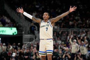 MILWAUKEE, WISCONSIN - NOVEMBER 29: Kevin Porter Jr. #7 of the Milwaukee Bucks reacts against the Brooklyn Nets during the first quarter at Fiserv Forum on November 29, 2025 in Milwaukee, Wisconsin. NOTE TO USER: User expressly acknowledges and agrees that, by downloading and or using this photograph, User is consenting to the terms and conditions of the Getty Images License Agreement. (Photo by Patrick McDermott/Getty Images)