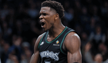 Minnesota Timberwolves guard Anthony Edwards (5) celebrates his basket against the San Antonio Spurs during the second half at Target Center.
