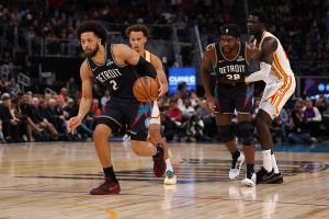 DETROIT, MICHIGAN - DECEMBER 01: Cade Cunningham #2 of the Detroit Pistons plays against the Atlanta Hawks at Little Caesars Arena on December 01, 2025 in Detroit, Michigan. NOTE TO USER: User expressly acknowledges and agrees that, by downloading and or using this photograph, User is consenting to the terms and conditions of the Getty Images License Agreement. (Photo by Gregory Shamus/Getty Images)