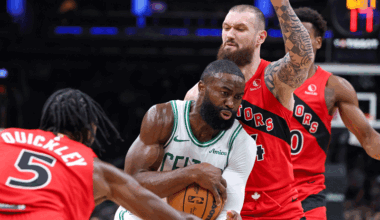 Boston Celtics forward Jaylen Brown (7) drives to the basket during the first half against the Toronto Raptors at TD Garden.