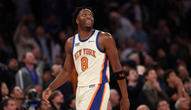 NEW YORK, NEW YORK - DECEMBER 07: Og Anunoby #8 of the New York Knicks reacts to a foul during the fourth quarter against the Orlando Magic at Madison Square Garden on December 07, 2025 in New York City. The Knicks won 106-100. NOTE TO USER: User expressly acknowledges and agrees that, by downloading and or using this photograph, User is consenting to the terms and conditions of the Getty Images License Agreement. (Photo by Ishika Samant/Getty Images)