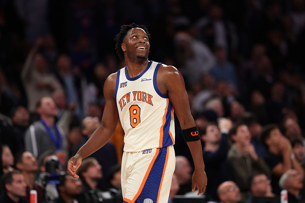 NEW YORK, NEW YORK - DECEMBER 07: Og Anunoby #8 of the New York Knicks reacts to a foul during the fourth quarter against the Orlando Magic at Madison Square Garden on December 07, 2025 in New York City. The Knicks won 106-100. NOTE TO USER: User expressly acknowledges and agrees that, by downloading and or using this photograph, User is consenting to the terms and conditions of the Getty Images License Agreement. (Photo by Ishika Samant/Getty Images)