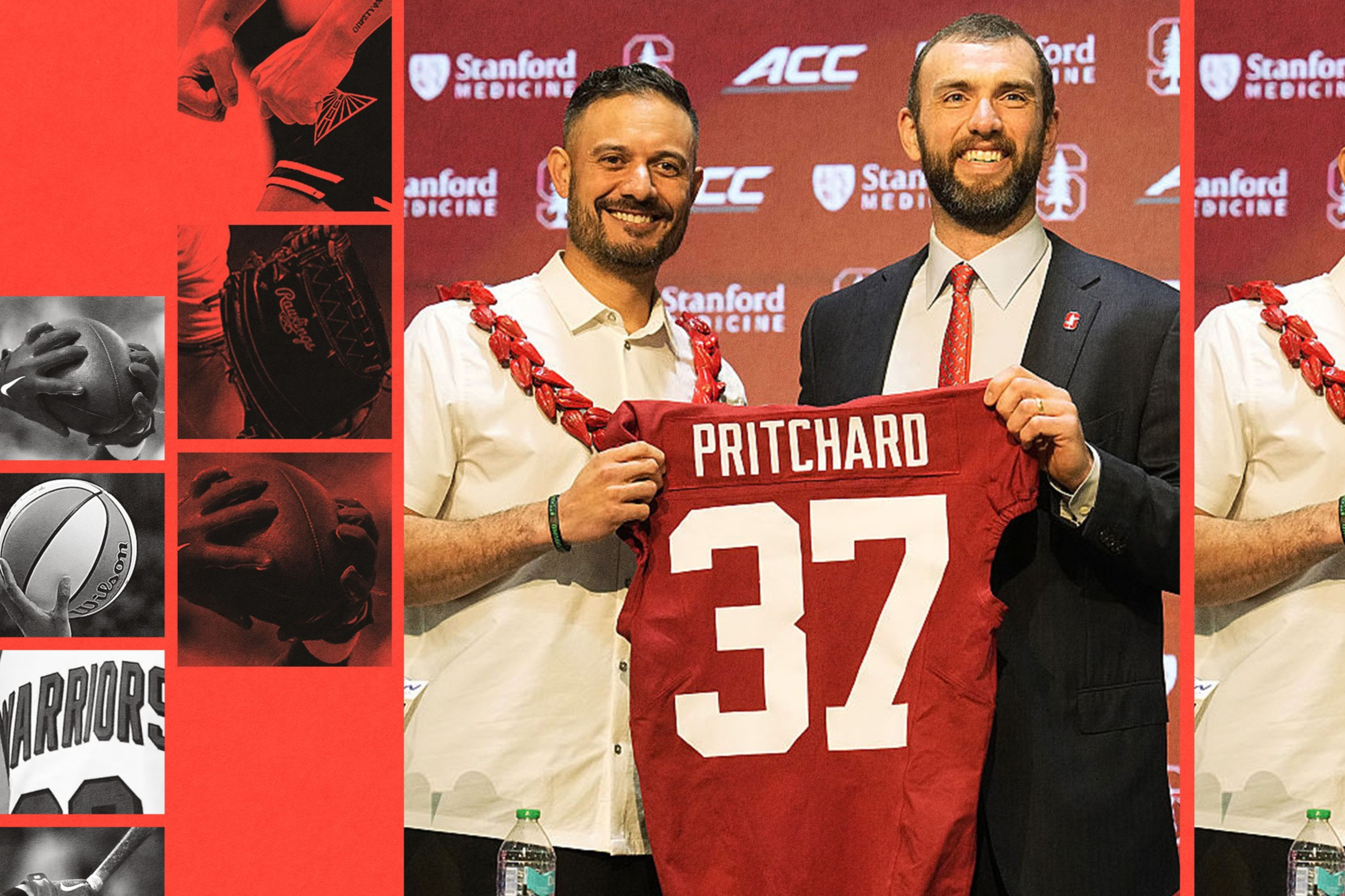 Two men smile while holding a red Stanford jersey with “Pritchard 37” during a sports event, with Stanford Medicine and ACC logos in the background.
