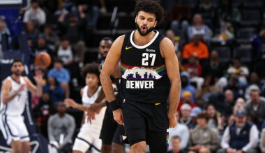 MEMPHIS, TENNESSEE - NOVEMBER 24: Jamal Murray #27 of the Denver Nuggets reacts during the second half against the Memphis Grizzlies at FedExForum on November 24, 2025 in Memphis, Tennessee. NOTE TO USER: User expressly acknowledges and agrees that, by downloading and or using this photograph, user is consenting to the terms and conditions of the Getty Images License Agreement. (Photo by Justin Ford/Getty Images)