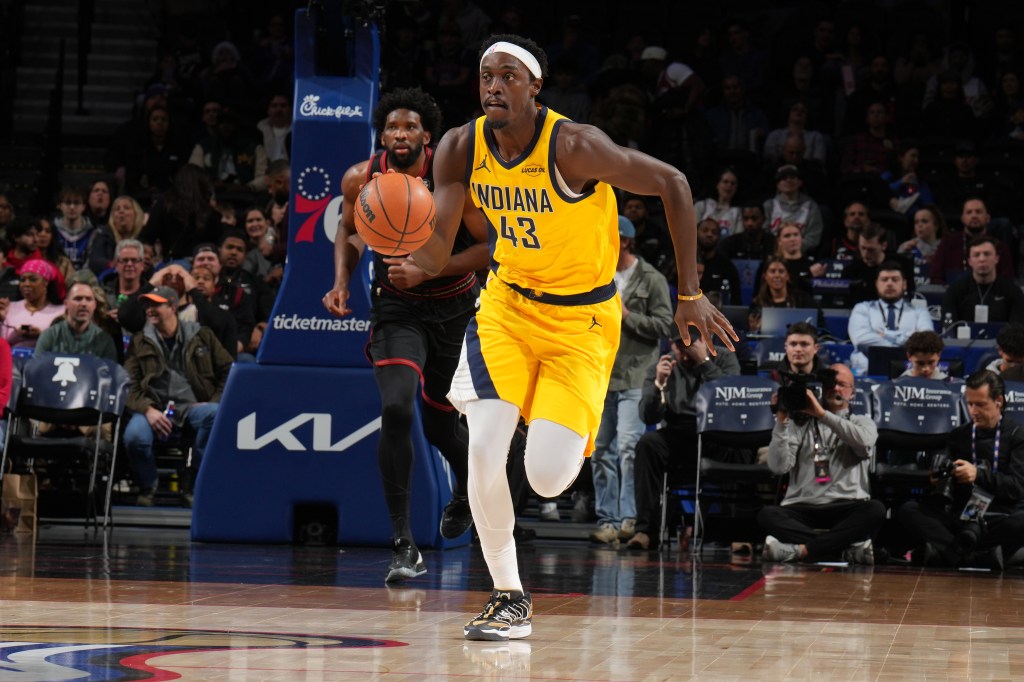 Pascal Siakam #43 of the Indiana Pacers dribbles the ball during the game against the Philadelphia 76ers on December 12, 2025 at the Wells Fargo Center in Philadelphia, Pennsylvania.