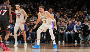 PHILADELPHIA, PA - DECEMBER 7: Luka Doncic #77 of the Los Angeles Lakers plays defense during the game against the Philadelphia 76ers on December 7, 2025 at the Wells Fargo Center in Philadelphia, Pennsylvania NOTE TO USER: User expressly acknowledges and agrees that, by downloading and/or using this Photograph, user is consenting to the terms and conditions of the Getty Images License Agreement. Mandatory Copyright Notice: Copyright 2025 NBAE (Photo by Jesse D. Garrabrant /NBAE via Getty Images)