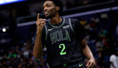 NEW ORLEANS, LOUISIANA - NOVEMBER 16: Herbert Jones #2 of the New Orleans Pelicans reacts after scoring during the second quarter of an NBA game against the Golden State Warriors at Smoothie King Center on November 16, 2025 in New Orleans, Louisiana. NOTE TO USER: User expressly acknowledges and agrees that, by downloading and or using this photograph, User is consenting to the terms and conditions of the Getty Images License Agreement. (Photo by Sean Gardner/Getty Images)