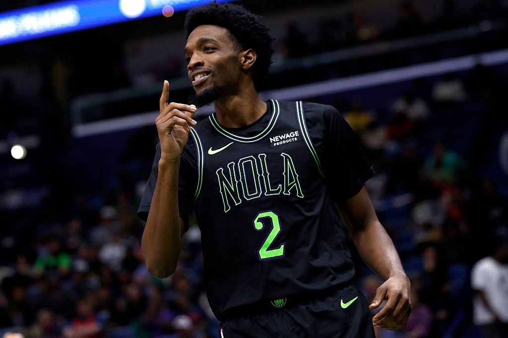 NEW ORLEANS, LOUISIANA - NOVEMBER 16: Herbert Jones #2 of the New Orleans Pelicans reacts after scoring during the second quarter of an NBA game against the Golden State Warriors at Smoothie King Center on November 16, 2025 in New Orleans, Louisiana. NOTE TO USER: User expressly acknowledges and agrees that, by downloading and or using this photograph, User is consenting to the terms and conditions of the Getty Images License Agreement. (Photo by Sean Gardner/Getty Images)