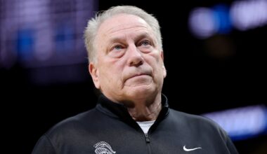 Head coach Tom Izzo of the Michigan State Spartans looks on during the first half against the Ole Miss Rebels in the South Regional Sweet Sixteen round of the NCAA Men's Basketball Tournament at State Farm Arena in Atlanta, Georgia.