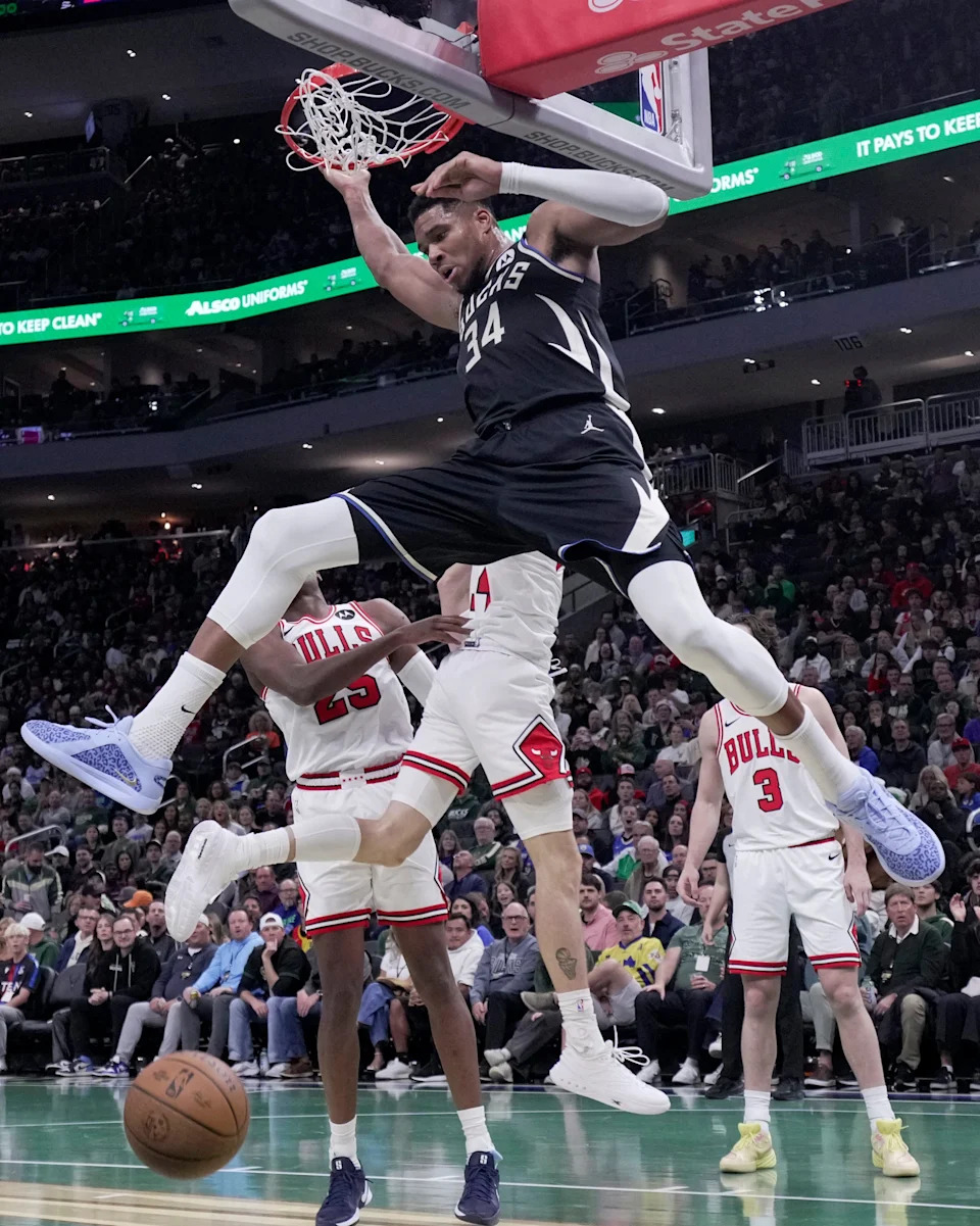 Milwaukee Bucks forward Giannis Antetokounmpo dunks the ball during the first half of their Nov. 7 game against the Chicago Bulls at Fiserv Forum in Milwaukee.