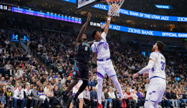 Utah Jazz guard Ace Bailey (19) Detroit Pistons center Jalen Duren (0) during the first half of an NBA basketball game, Friday, Dec. 26, 2025, in Salt Lake City. (AP Photo/Tyler Tate)