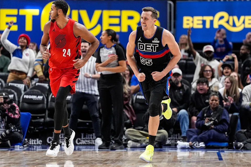 Detroit Pistons forward Duncan Robinson (55) celebrates a 3-pointer against Portland Trail Blazers during the second half at Little Caesars Arena in Detroit on Friday, Dec. 5, 2025.