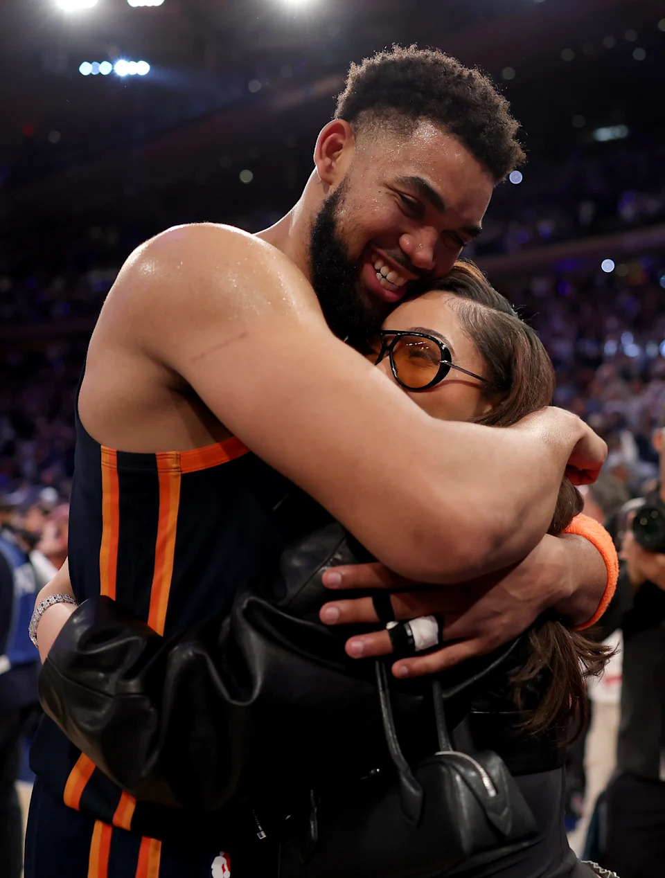 Karl-Anthony Towns of the New York Knicks celebrates with Jordyn Woods.