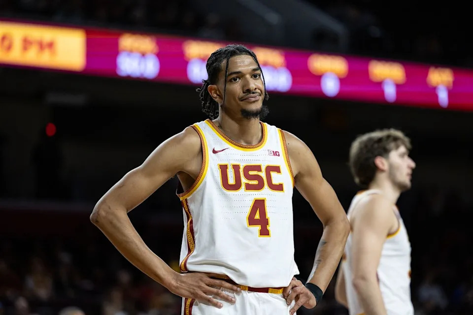 USC guard Chad Baker-Mazara (4) reacts during a Big Ten Conference college basketball game against the Washington State Cougars, Sunday December 14, 2025 in Los Angeles, Calif.