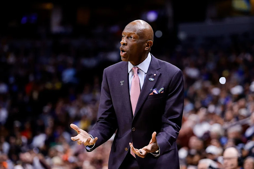 March 20, 2025; Denver, CO, USA; Yale Bulldogs head coach James Jones reacts during the first half against the Texas A&M Aggies at Ball Arena. Mandatory Credit: Isaiah J. Downing-Imagn Images