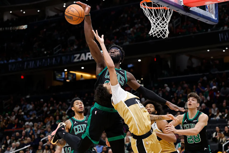 Dec 4, 2025; Washington, District of Columbia, USA; Boston Celtics center Neemias Queta (88) blocks the shot of Washington Wizards guard Will Riley (27) in the second half at Capital One Arena. Mandatory Credit: Geoff Burke-Imagn Images