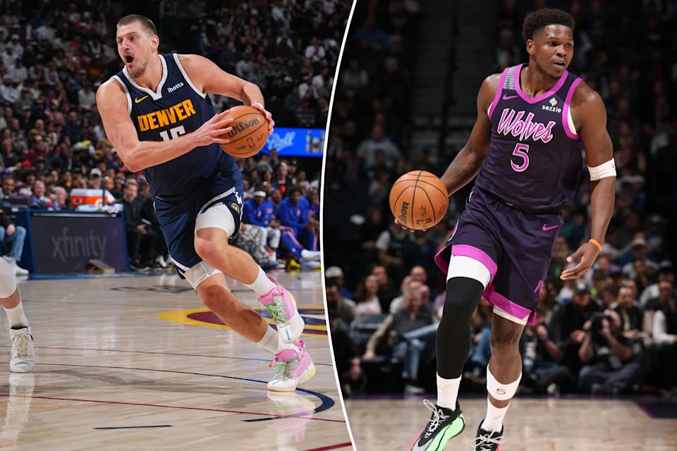 An image collage containing 2 images, Image 1 shows DENVER, CO - DECEMBER 15: Nikola Jokic #15 of the Denver Nuggets drives to the basket during the game against the Houston Rockets on December 15, 2025 at Ball Arena in Denver, Colorado. NOTE TO USER: User expressly acknowledges and agrees that, by downloading and/or using this Photograph, user is consenting to the terms and conditions of the Getty Images License Agreement. Mandatory Copyright Notice: Copyright 2025 NBAE (Photo by Garrett Ellwood/NBAE via Getty Images), Image 2 shows MINNEAPOLIS, MN - DECEMBER 21: Anthony Edwards #5 of the Minnesota Timberwolves dribbles the ball during the game against the Milwaukee Bucks on December 21, 2025 at Target Center in Minneapolis, Minnesota. NOTE TO USER: User expressly acknowledges and agrees that, by downloading and or using this Photograph, user is consenting to the terms and conditions of the Getty Images License Agreement. Mandatory Copyright Notice: Copyright 2025 NBAE (Photo by David Sherman/NBAE via Getty Images)