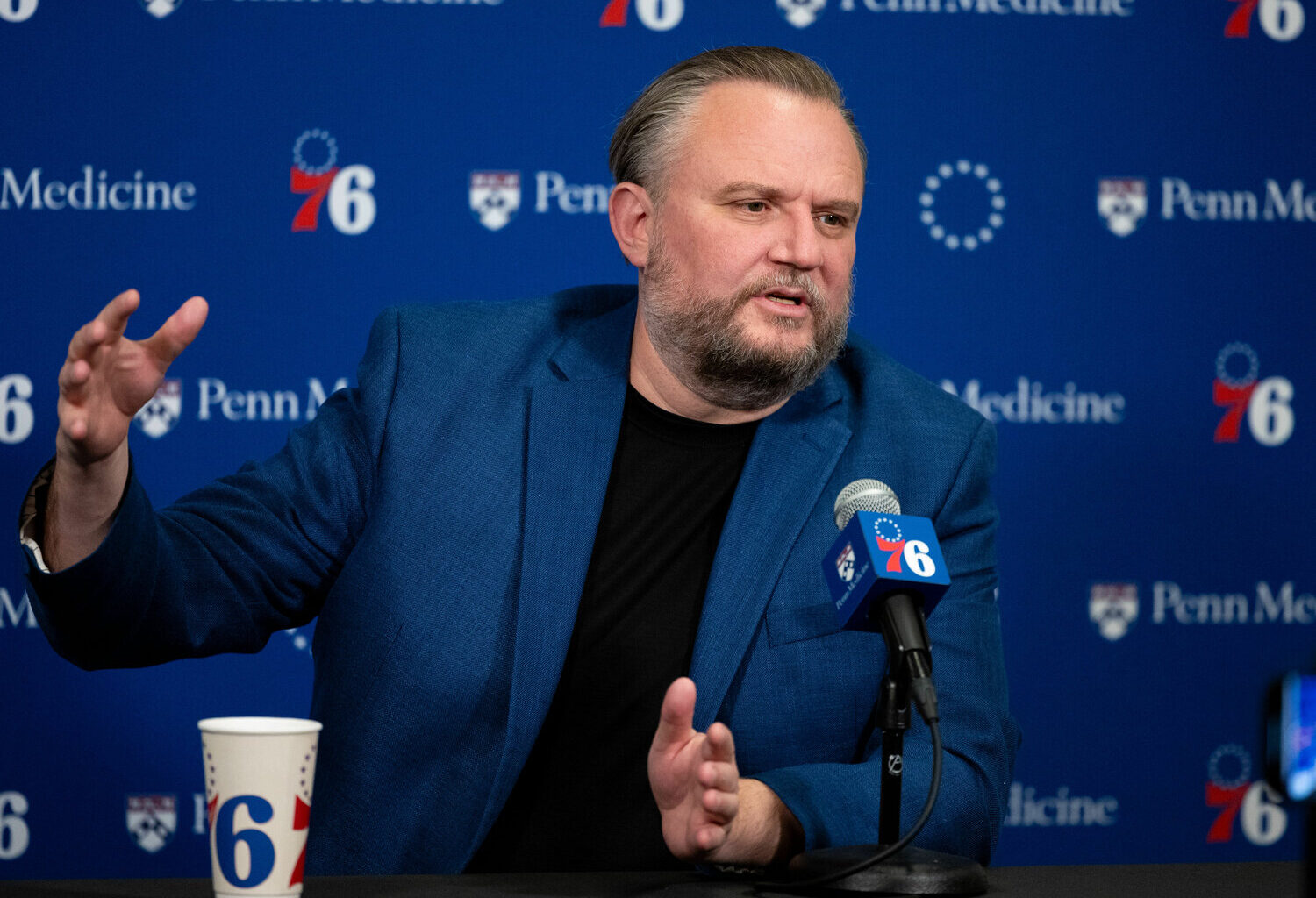 Philadelphia 76ers resident of Basketball Operations Daryl Morey speaks with the media before a game against the Detroit Pistons at Wells Fargo Center.
