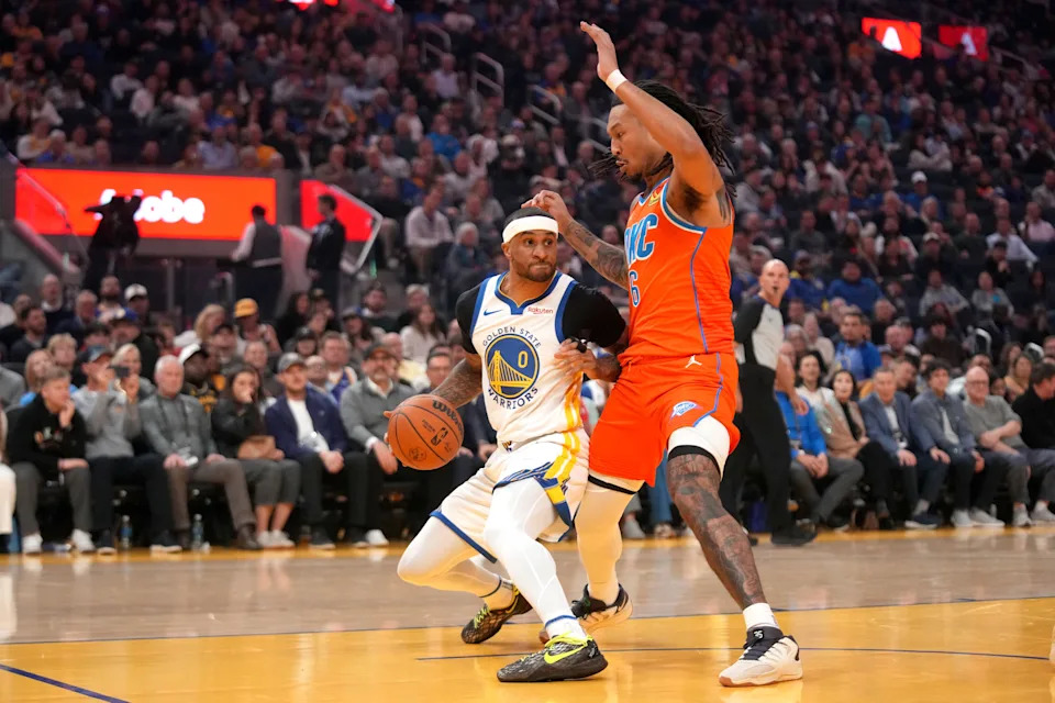 Dec 2, 2025; San Francisco, California, USA; Golden State Warriors guard Gary Payton II (0) dribbles the ball next to Oklahoma City Thunder forward Jaylin Williams (6) in the first quarter at the Chase Center. Mandatory Credit: Cary Edmondson-Imagn Images