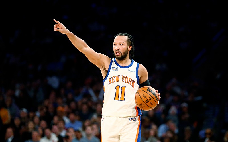 New York Knicks guard Jalen Brunson takes the ball upcourt during the first half of an NBA basketball game against the Orlando Magic, Sunday, Dec. 7, 2025, in New York. (AP Photo/John Munson)