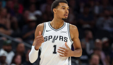 San Antonio Spurs forward Victor Wembanyama (1) looks on during the second half of an NBA baske ...
