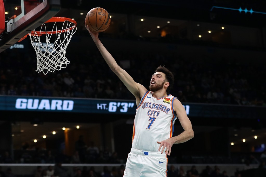 Chet Holmgren #7 of the Oklahoma City Thunder goes to the basket during the first half against the Memphis Grizzlies at FedExForum on November 09, 2025 in Memphis, Tennessee. 