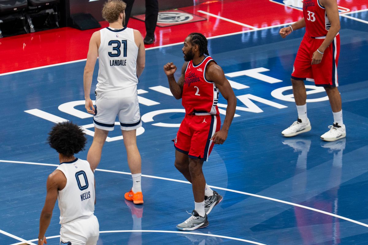Los Angeles Clippers forward Kawhi Leonard (2) celebrates his and one during an NBA basketball game against the Memphis Grizzlies, Friday November 28th, 2025 in Los Angeles, California.